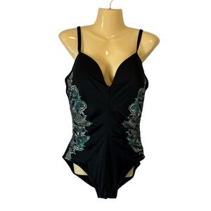Miraclesuit Precioso Temptation Swimsuit One-Piece Black Paisley Sides Sz 14